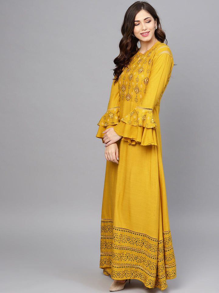 Anarkali Dress with Bell sleeves and Mirror embellishments