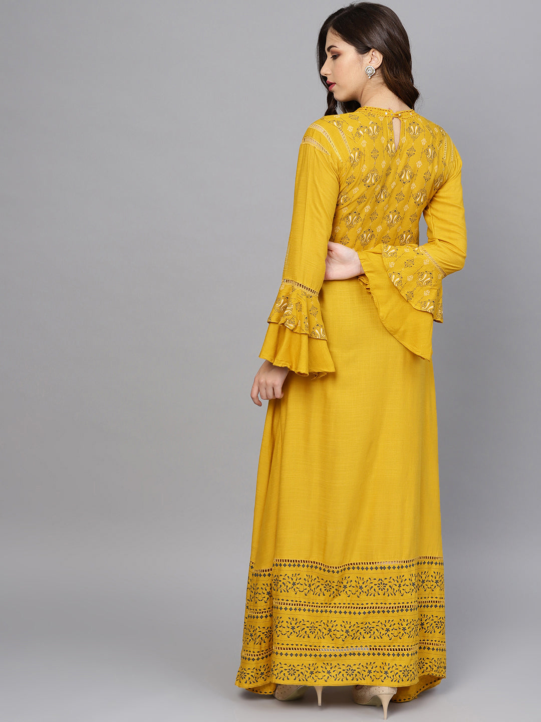Anarkali Dress with Bell sleeves and Mirror embellishments