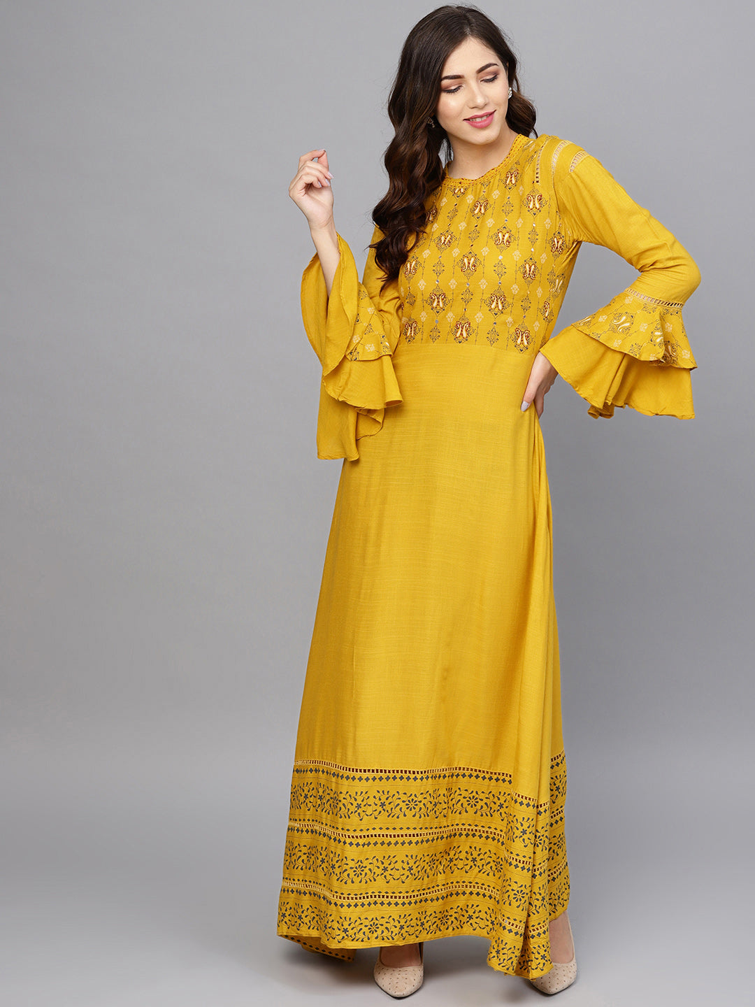 Anarkali Dress with Bell sleeves and Mirror embellishments