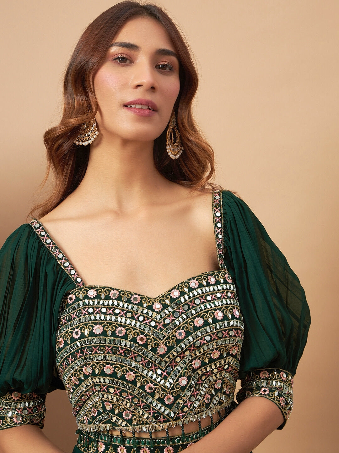 Chhabra 555 Mirror Embroidered Tasseled Crop-Top Palazzo  Set with Stylized Bishop Sleeves