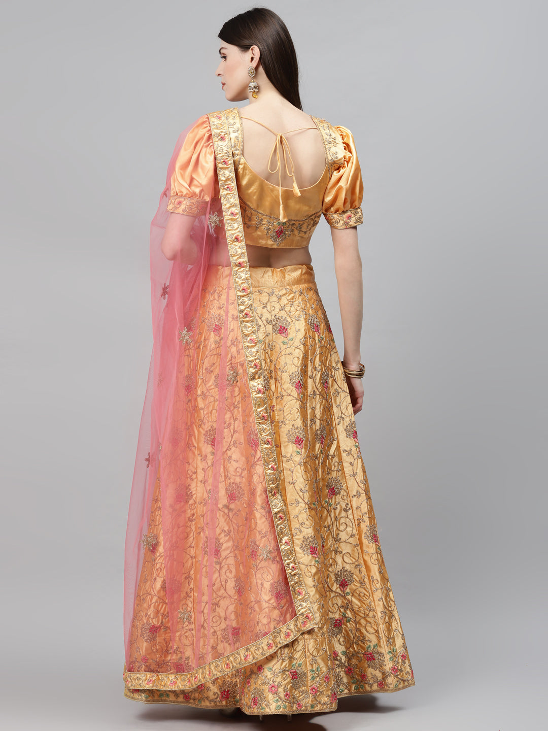 Pastel Semi-Stitched Lehenga Set with Zari & Resham Meenakari Floral Embroidery