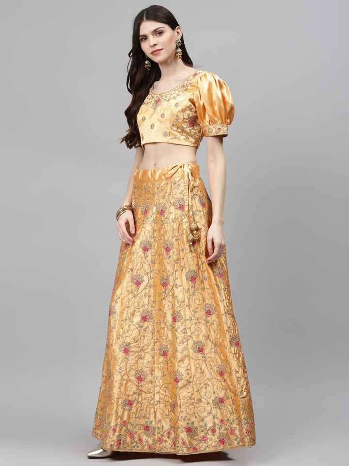 Pastel Semi-Stitched Lehenga Set with Zari & Resham Meenakari Floral Embroidery