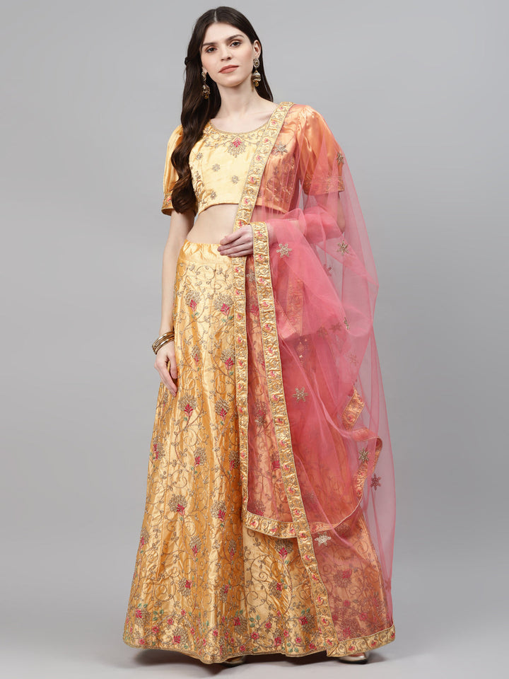 Pastel Semi-Stitched Lehenga Set with Zari & Resham Meenakari Floral Embroidery