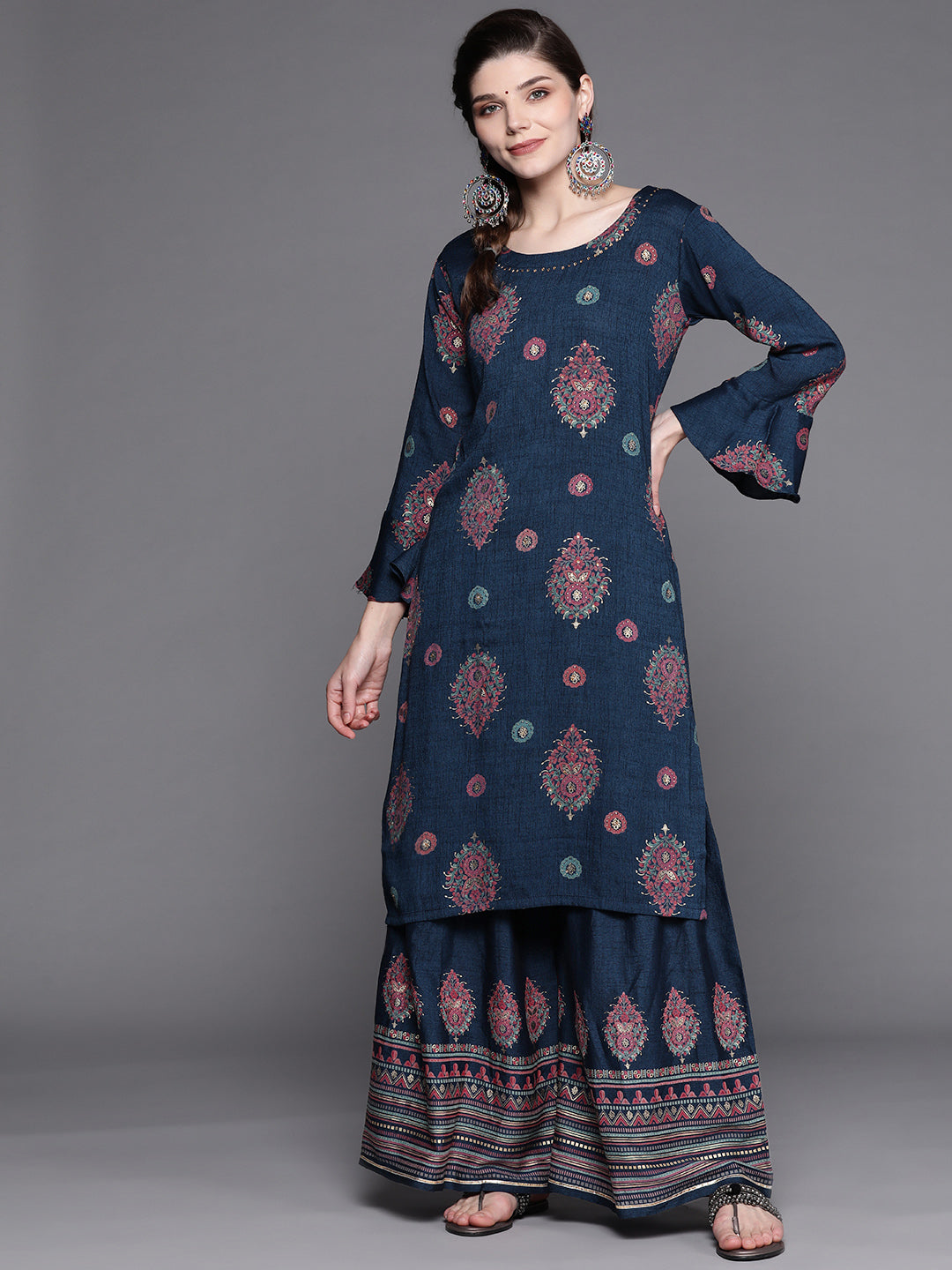 Teal Blue Festive Embellished Digital Print Kurta Sharara Set