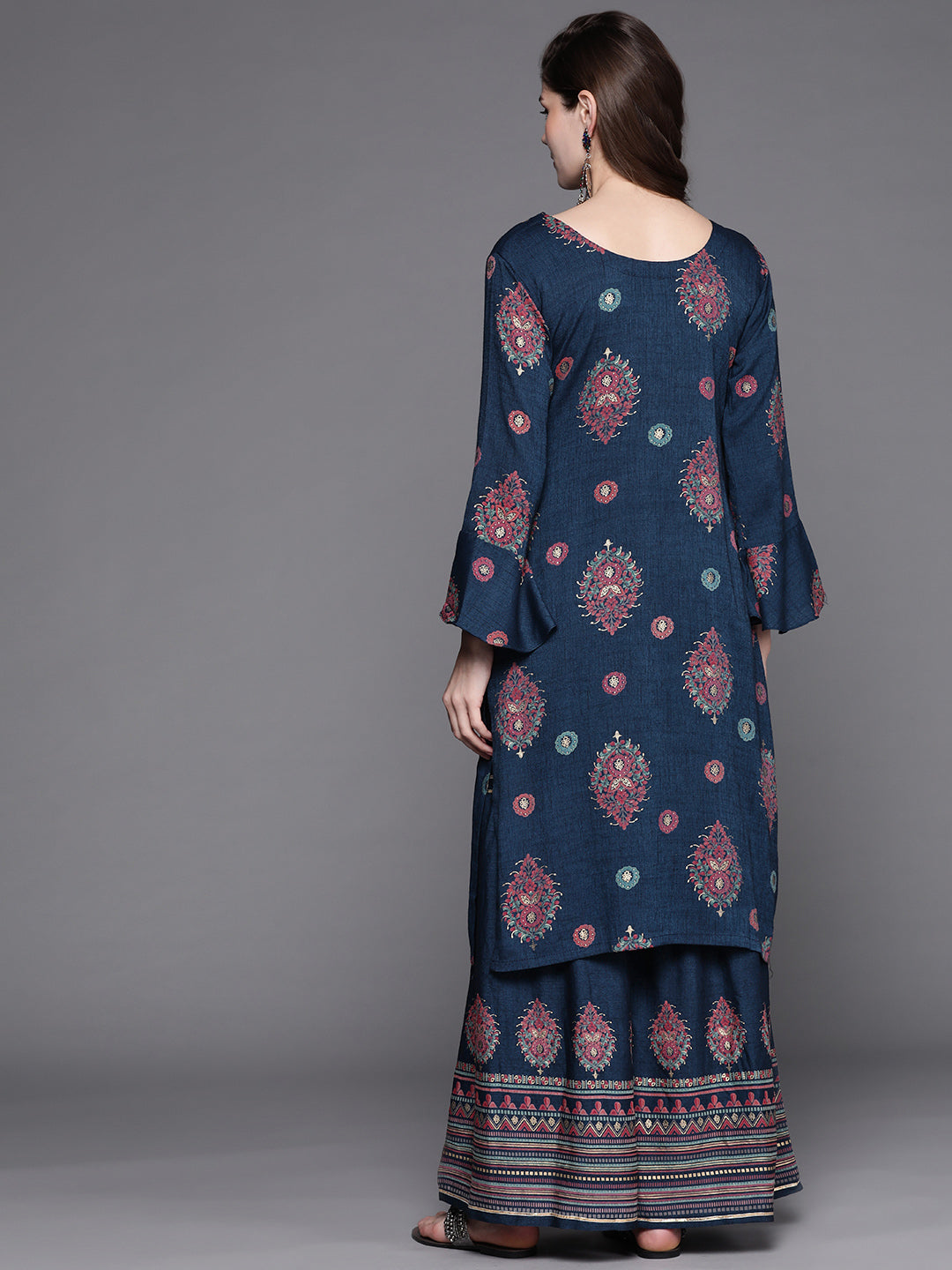 Teal Blue Festive Embellished Digital Print Kurta Sharara Set