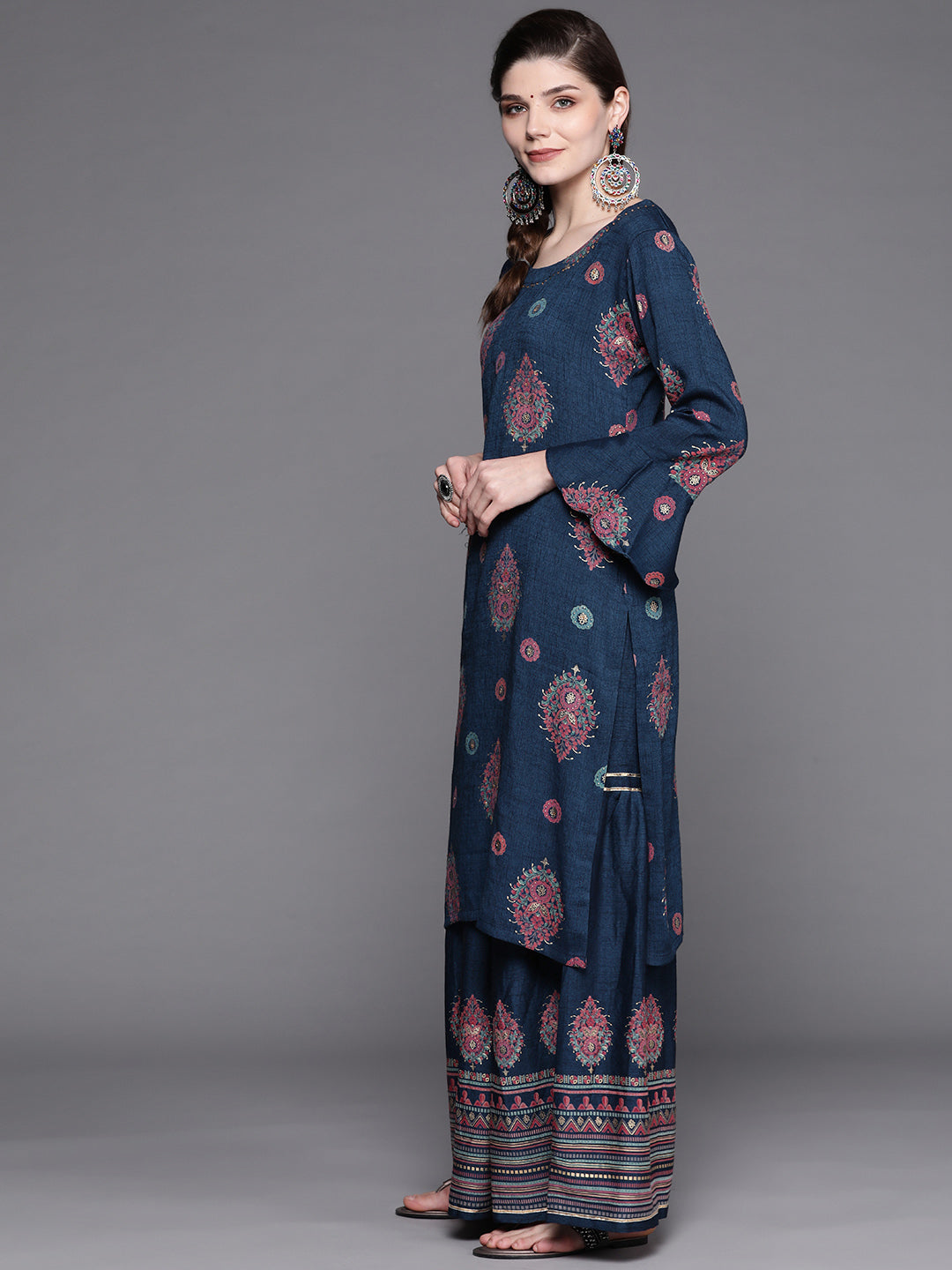 Teal Blue Festive Embellished Digital Print Kurta Sharara Set