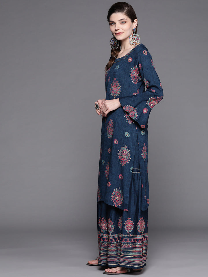 Teal Blue Festive Embellished Digital Print Kurta Sharara Set