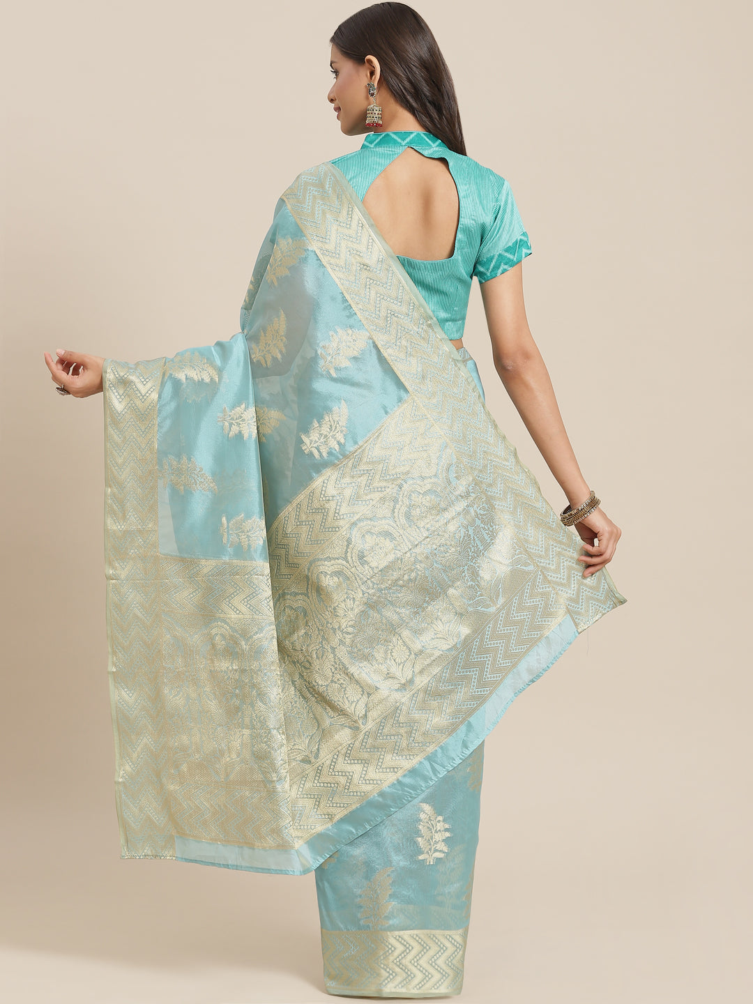 Turquoise Ethnic Motifs Chanderi Brocade Saree with Woven Border