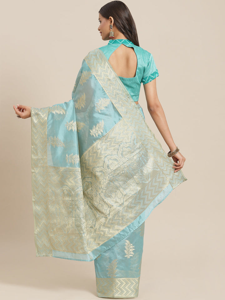 Turquoise Ethnic Motifs Chanderi Brocade Saree with Woven Border