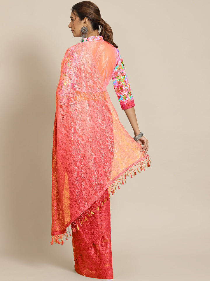 Pink Ombre Floral Net Saree With Sequence Embellished Blouse
