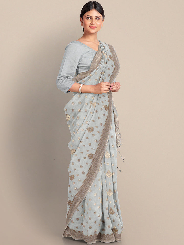 Grey Zari Woven Embroidered Silk Blend Banarasi Saree