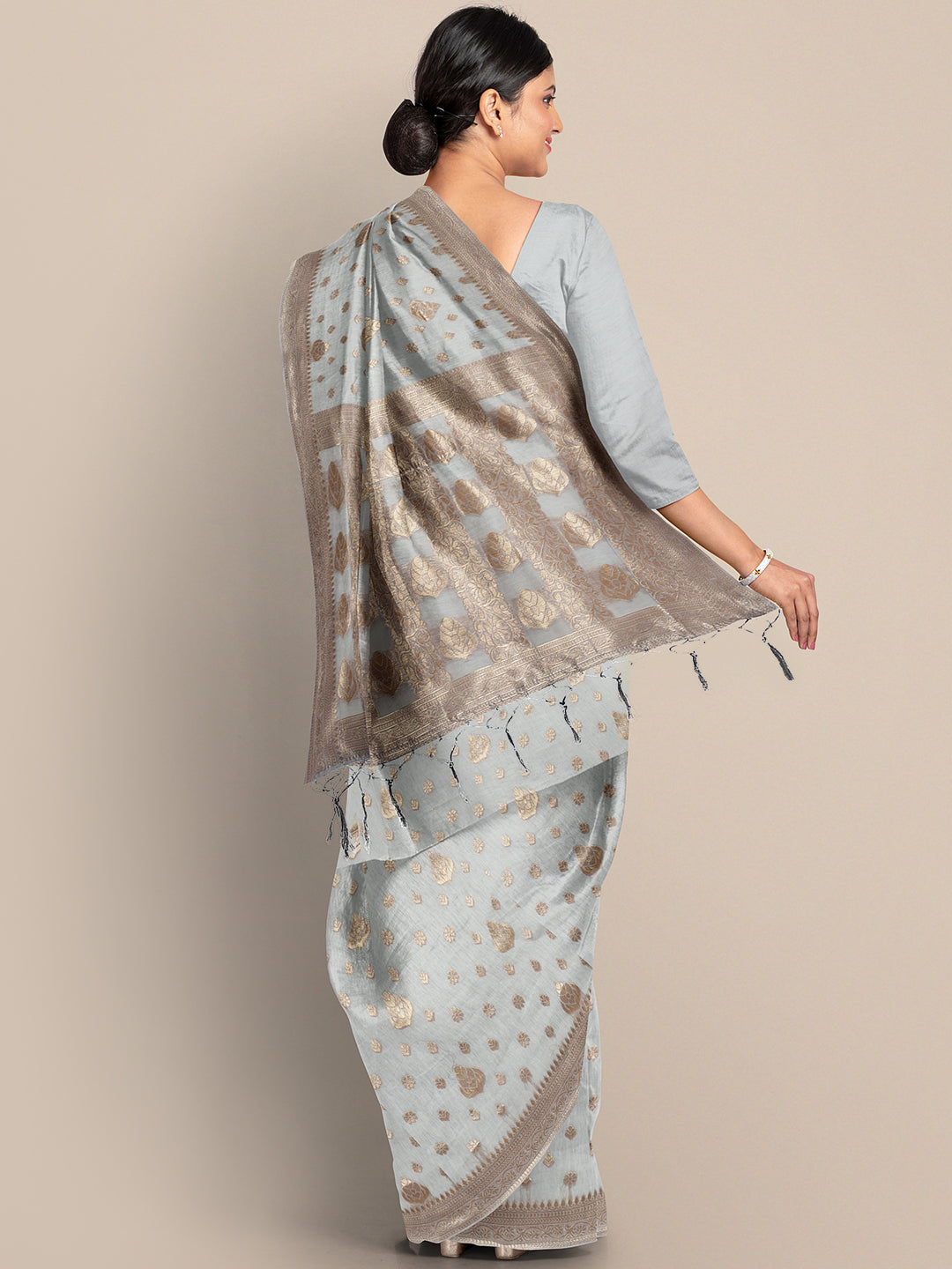 Grey Zari Woven Embroidered Silk Blend Banarasi Saree