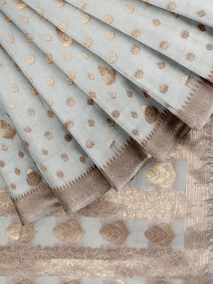 Grey Zari Woven Embroidered Silk Blend Banarasi Saree