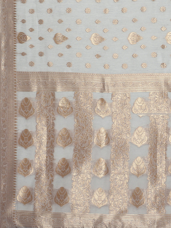 Grey Zari Woven Embroidered Silk Blend Banarasi Saree