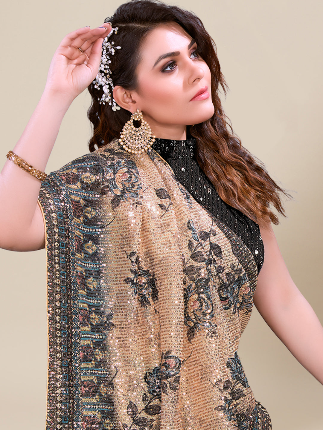 Floral Digital Print Saree with Allover Sequence Embroidery