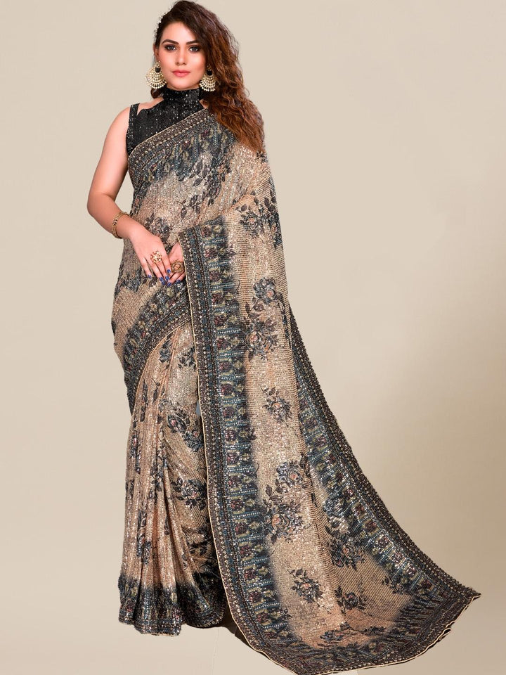 Floral Digital Print Saree with Allover Sequence Embroidery