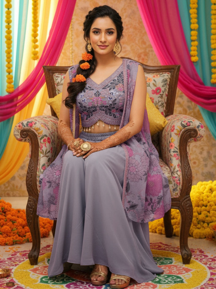 Embroidered Indo-western Pallazo Set with Scalloped Tasseled CropTop & Floral Print Cape