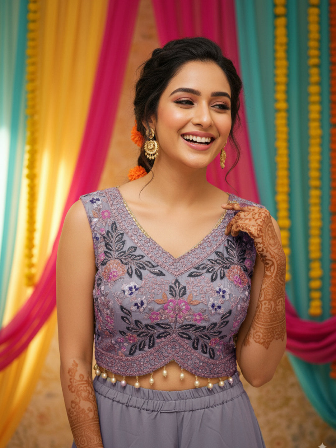 Embroidered Indo-western Pallazo Set with Scalloped Tasseled CropTop & Floral Print Cape