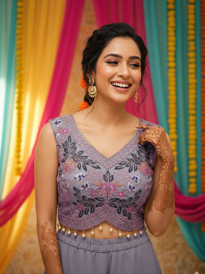 Embroidered Indo-western Pallazo Set with Scalloped Tasseled CropTop & Floral Print Cape