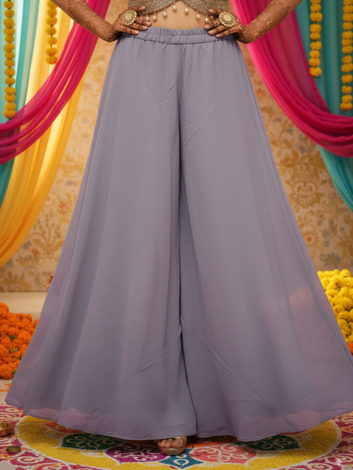 Embroidered Indo-western Pallazo Set with Scalloped Tasseled CropTop & Floral Print Cape