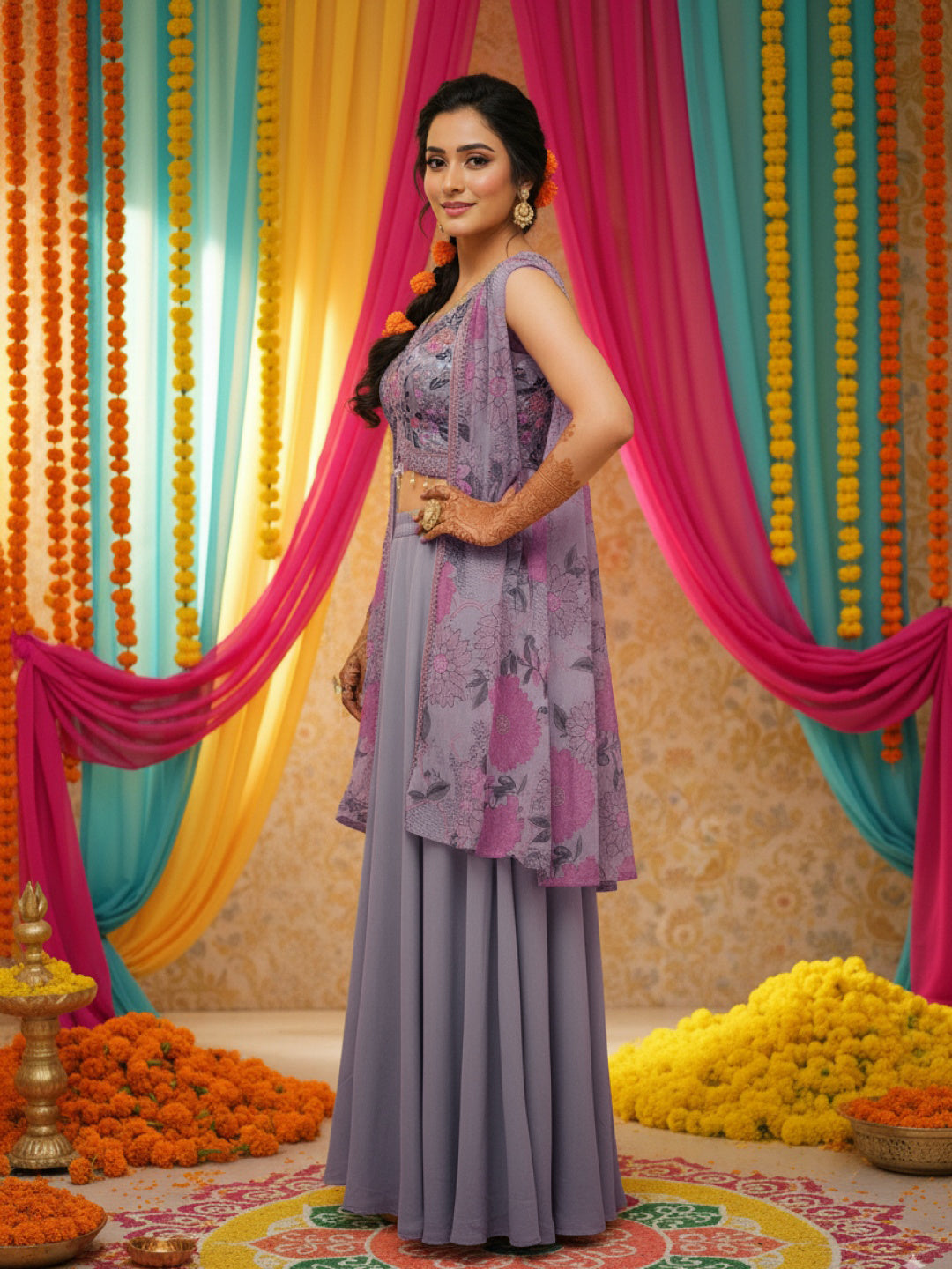 Embroidered Indo-western Pallazo Set with Scalloped Tasseled CropTop & Floral Print Cape