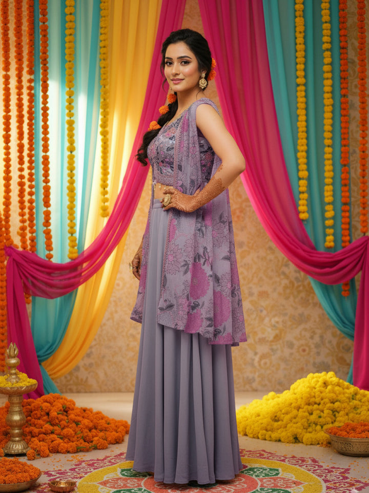 Embroidered Indo-western Pallazo Set with Scalloped Tasseled CropTop & Floral Print Cape