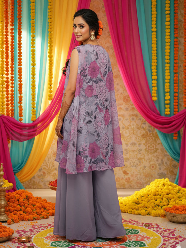 Embroidered Indo-western Pallazo Set with Scalloped Tasseled CropTop & Floral Print Cape