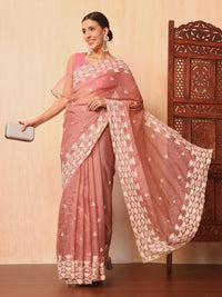 Chhabra 555 Pastel Pink Thread Embroidered Cut-work Border Soft Tissue Saree