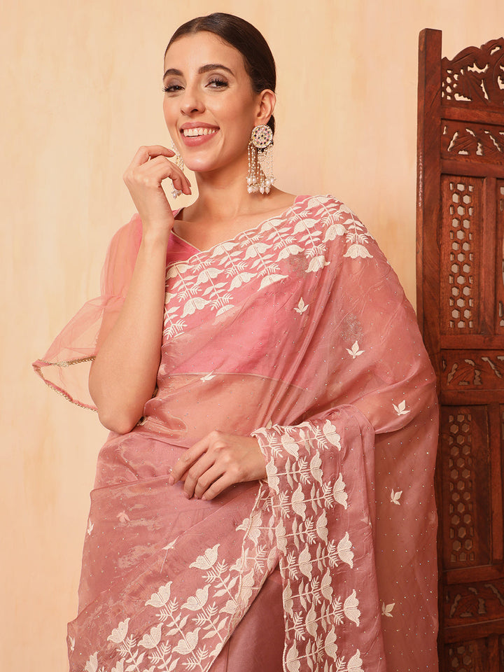 Pastel Pink Thread Embroidered Cut-work Border Soft Tissue Saree