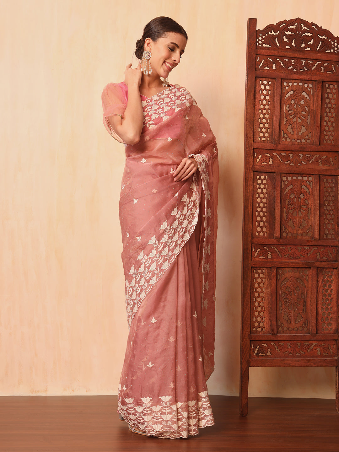 Pastel Pink Thread Embroidered Cut-work Border Soft Tissue Saree