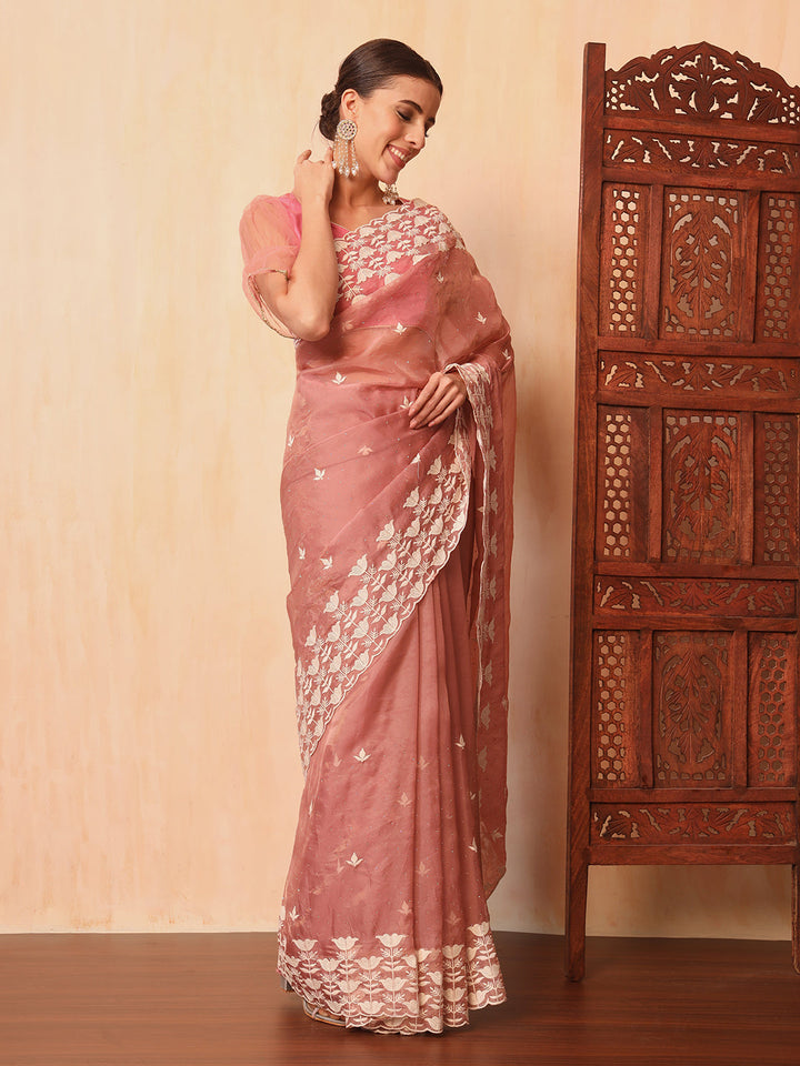 Pastel Pink Thread Embroidered Cut-work Border Soft Tissue Saree