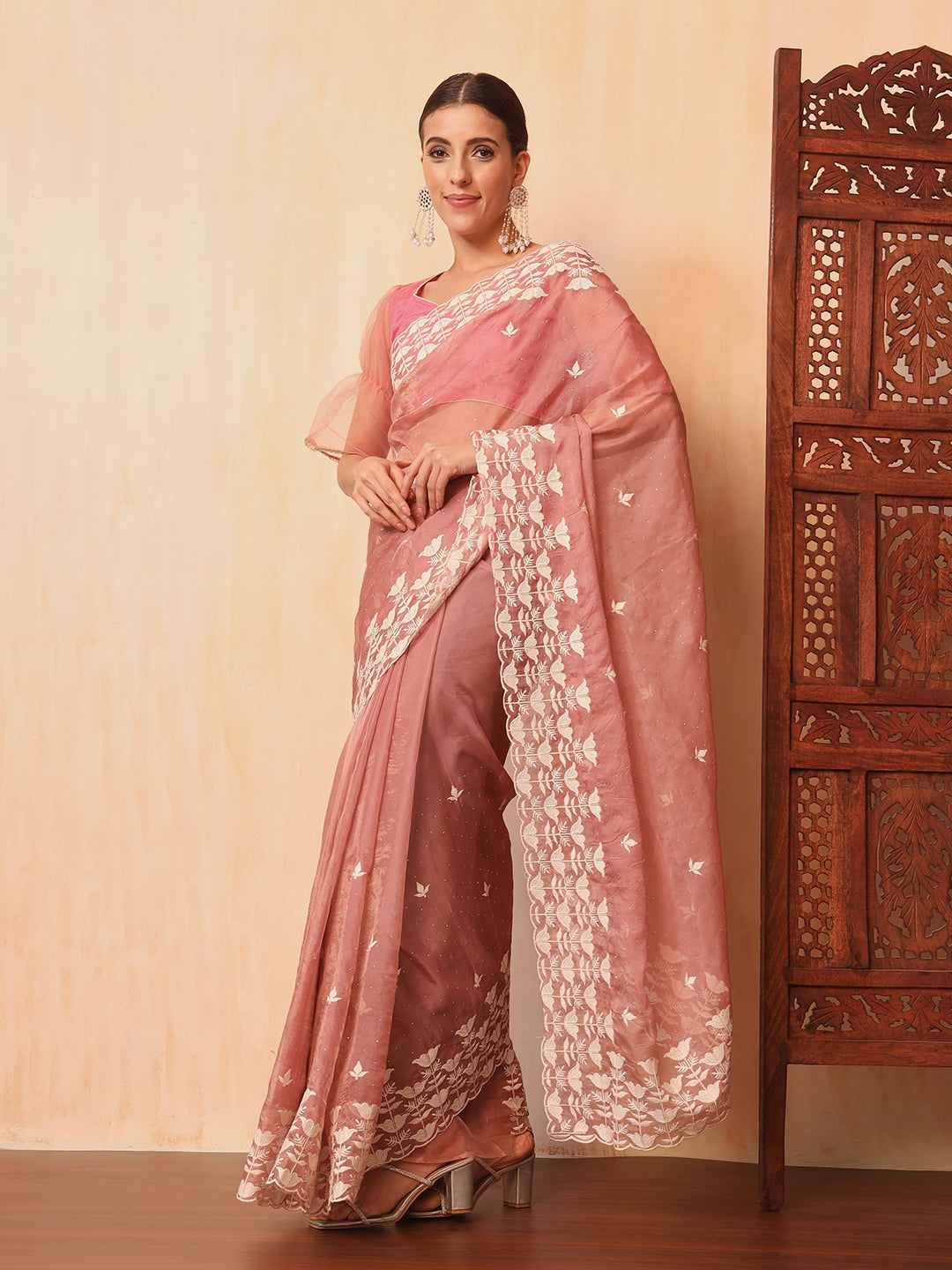 Pastel Pink Thread Embroidered Cut-work Border Soft Tissue Saree