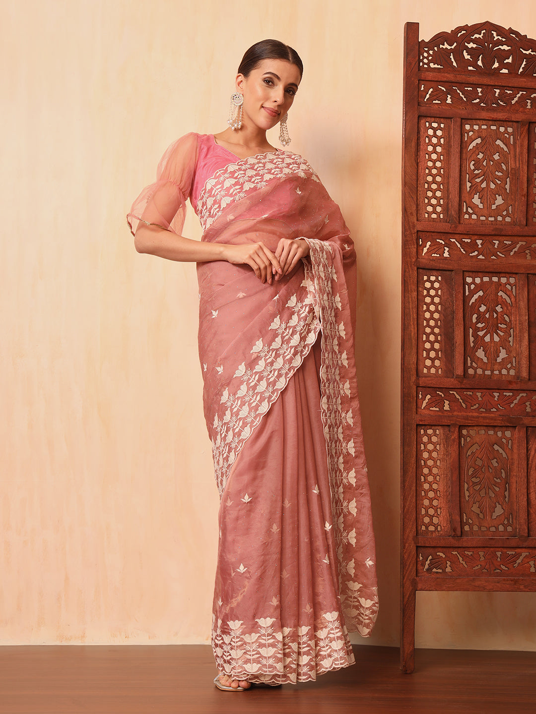 Pastel Pink Thread Embroidered Cut-work Border Soft Tissue Saree