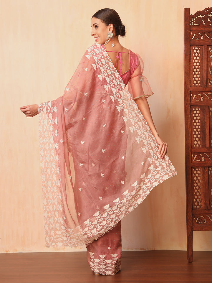 Pastel Pink Thread Embroidered Cut-work Border Soft Tissue Saree