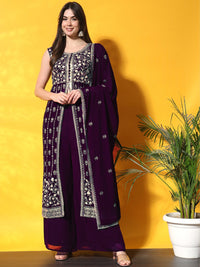 Purple Pleated Front Slit Kurta Palazzo Set
