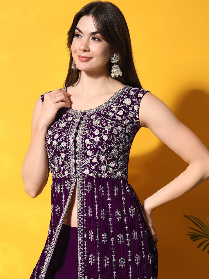 Purple Pleated Front Slit Kurta Palazzo Set