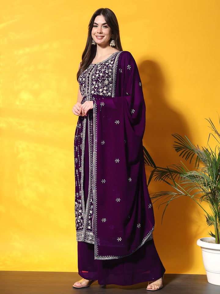 Purple Pleated Front Slit Kurta Palazzo Set