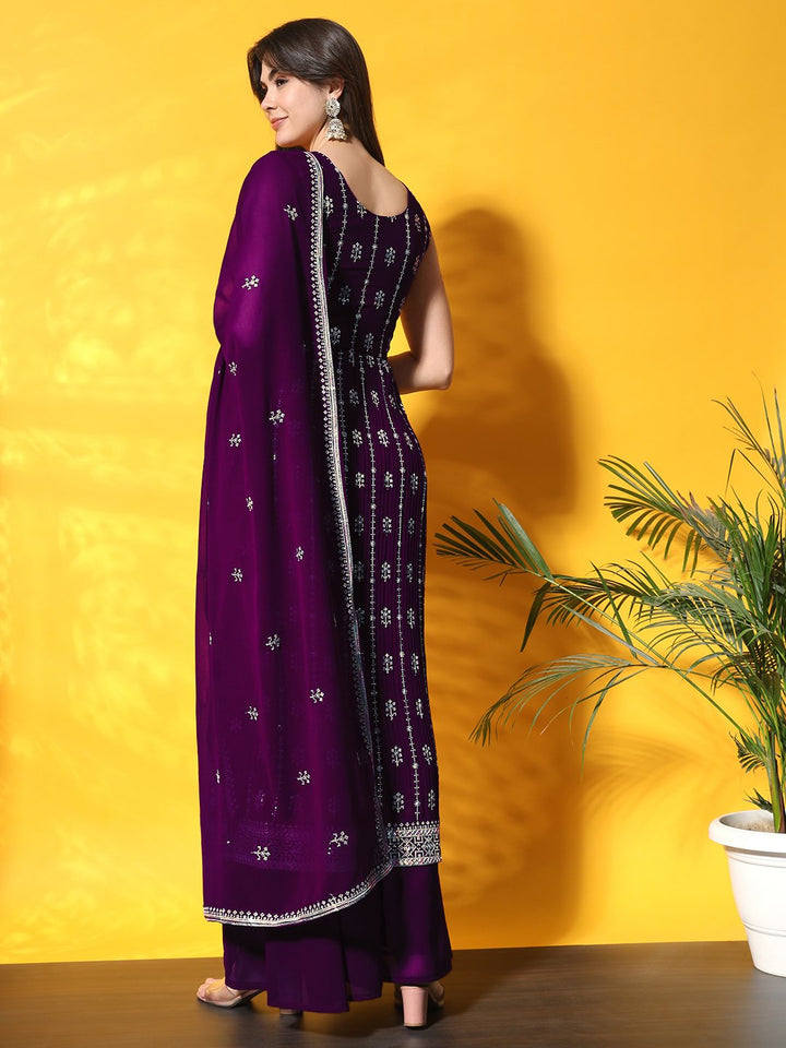 Purple Pleated Front Slit Kurta Palazzo Set
