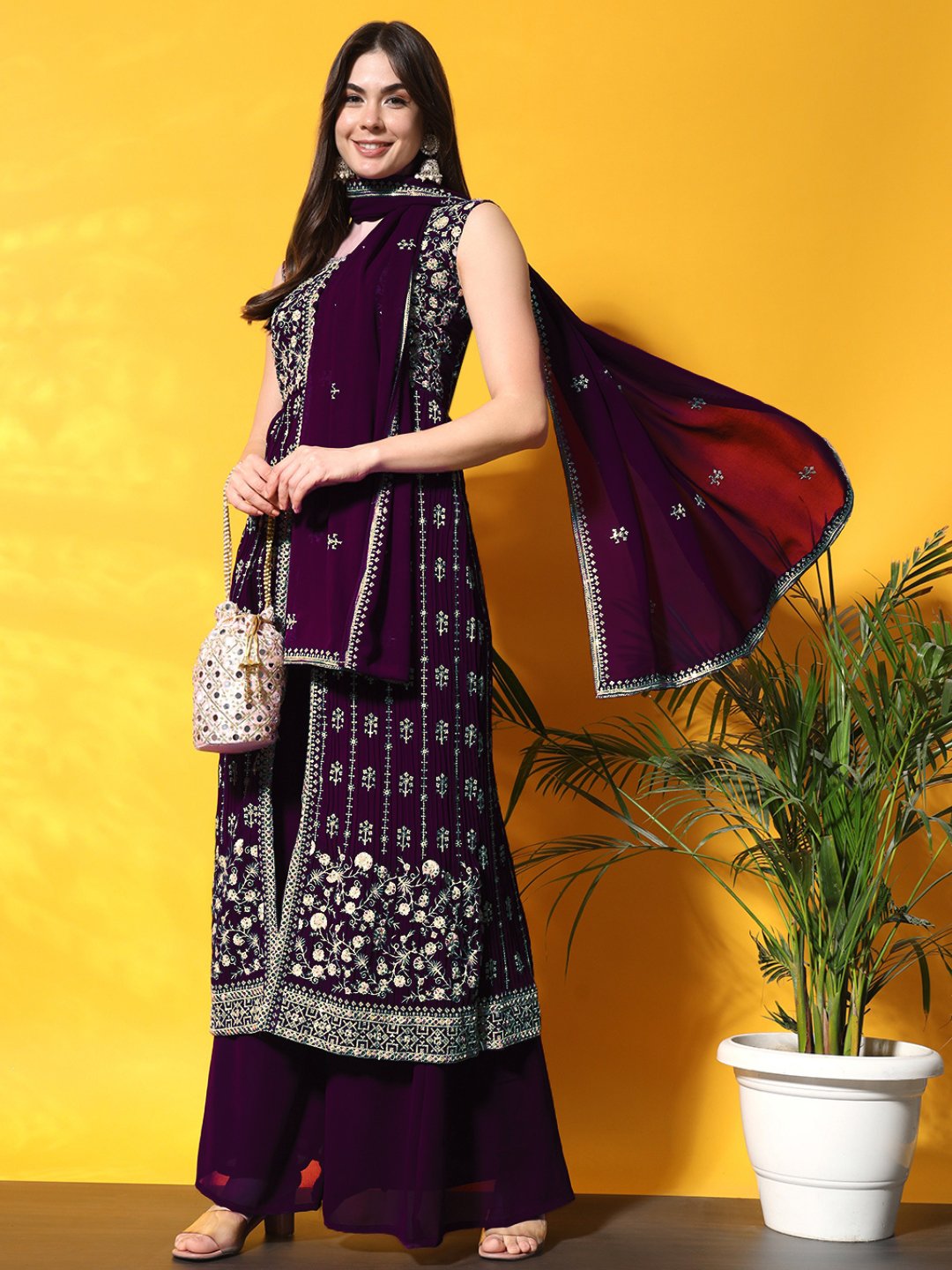 Purple Pleated Front Slit Kurta Palazzo Set