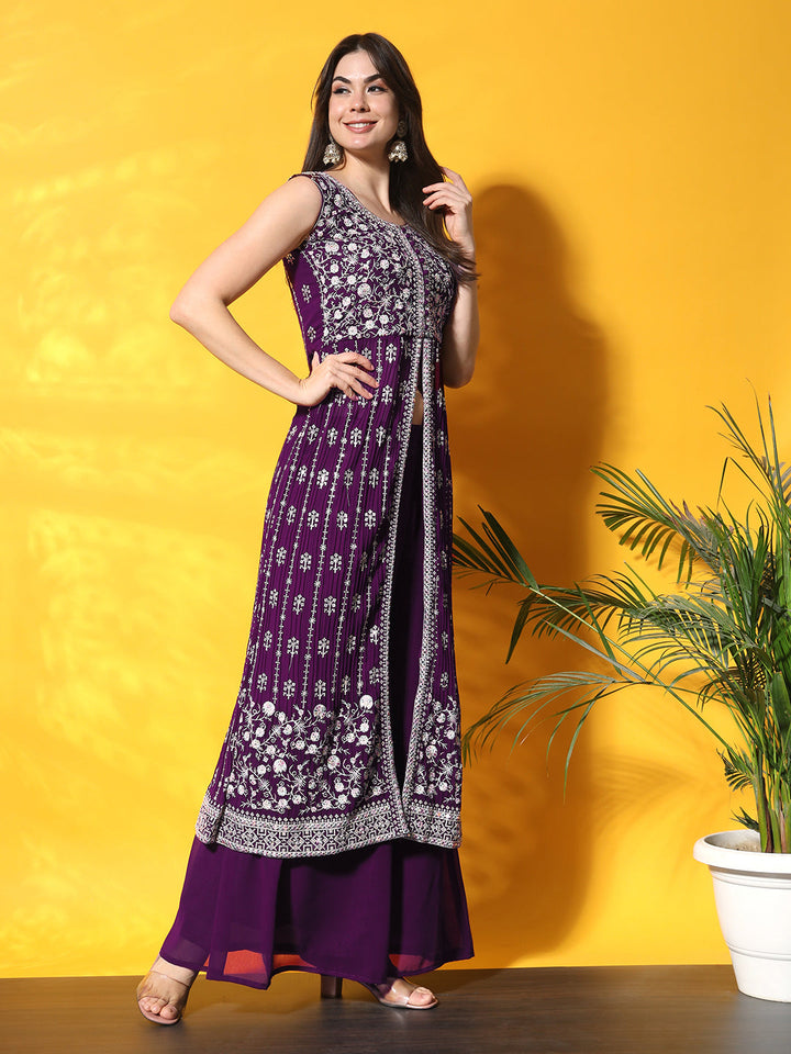 Purple Pleated Front Slit Kurta Palazzo Set