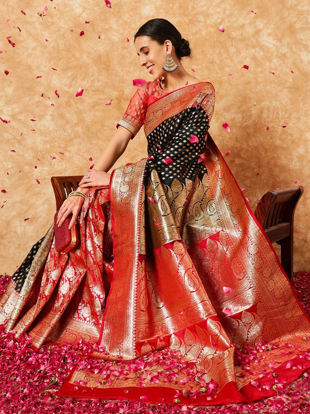 Chhabra 555 Black Red Pallu Patli Ethnic Handloom Banarasi Silk Wedding Saree 