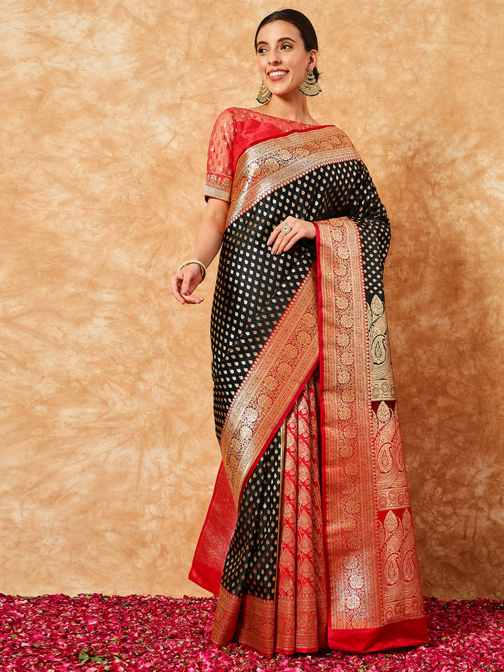 Black Red Pallu Patli Ethnic Handloom Banarasi Silk Wedding Saree