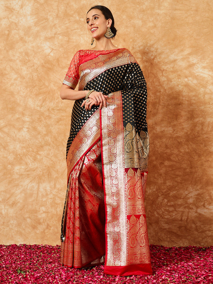 Black Red Pallu Patli Ethnic Handloom Banarasi Silk Wedding Saree