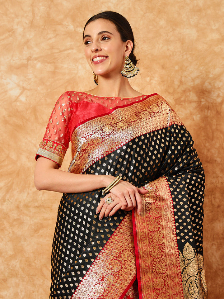 Black Red Pallu Patli Ethnic Handloom Banarasi Silk Wedding Saree