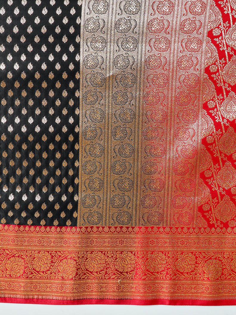 Black Red Pallu Patli Ethnic Handloom Banarasi Silk Wedding Saree