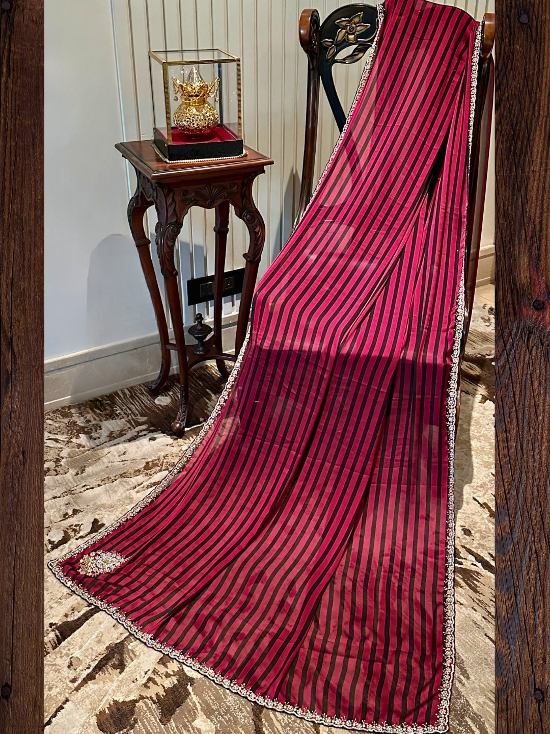 Black and Red Striped Georgette Saree