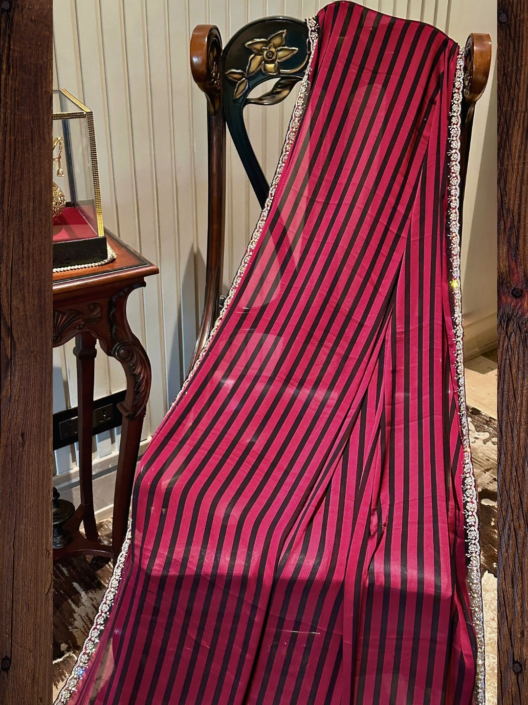 Black and Red Striped Georgette Saree
