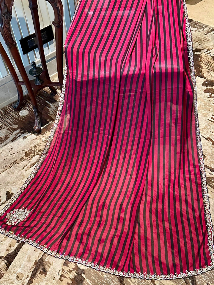 Black and Red Striped Georgette Saree