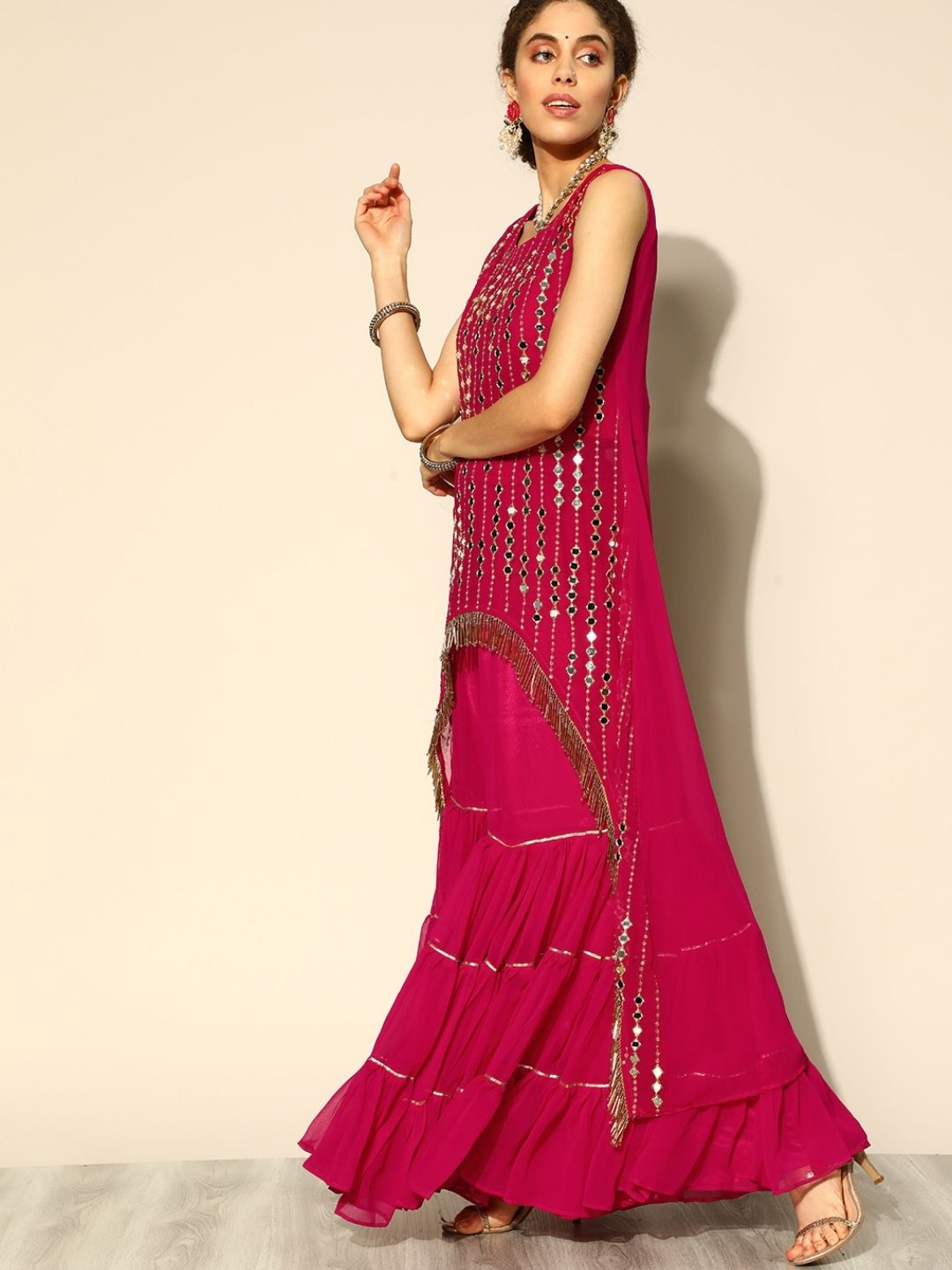 Kurta Sharara Set with Mirror Embroidery and Tassels