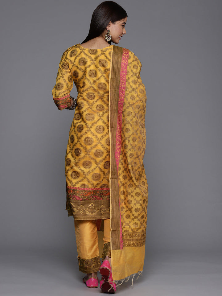 Yellow Banarasi Unstitched Dress Material With Handloom Dupatta